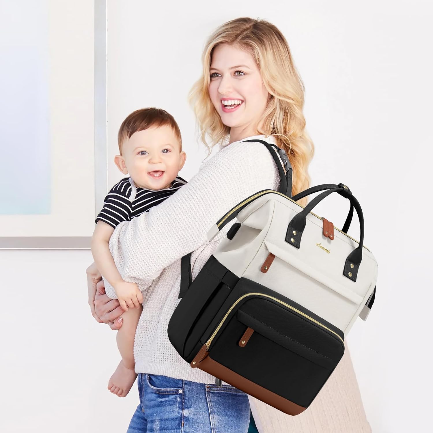 LOVEVOOK Diaper Bag Backpack with Changing Station – Large 16-Pocket Waterproof Travel Bag for Mom & Dad, Black-Beige