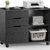 DUMOS 3-Drawer Mobile Lateral File Cabinet - Rolling Under Desk Storage Organizer with Lockable Wheels, Adjustable Shelf & Wood Top for Office & Home (Black)
