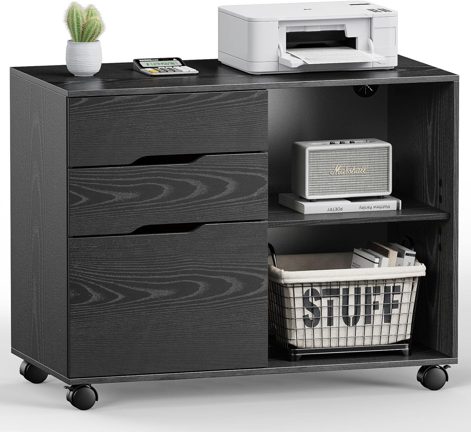 DUMOS 3-Drawer Mobile Lateral File Cabinet - Rolling Under Desk Storage Organizer with Lockable Wheels, Adjustable Shelf & Wood Top for Office & Home (Black)