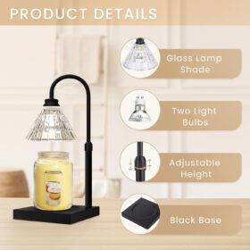 Dimmable Candle Warmer Lamp with Timer – Adjustable Height Wax Melter for Large Jar Candles, Safe Home Fragrance Solution & Decor Gift (Black)