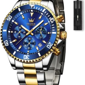 OLEVS Luxury Gold Chronograph Watch for Men – Stainless Steel Analog Wristwatch with Date Display, Rotatable Bezel, and Multicolor Dial
