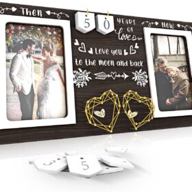 Then & Now Anniversary Picture Frame – Customizable 1-99 Years Wedding Gift for Couples, Wooden 'Then and Now' Double 4x6 Photo Holder with String Heart Decor for Parents, Engagement & Bridal Showers