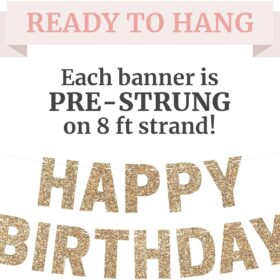 Gold Glitter Happy Birthday Banner - Pre-Assembled 'No DIY' Party Garland for Men & Women - 8 Foot Strand with 7 Inch Letters