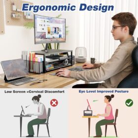 OPNICE 2-Tier Monitor Stand Riser with Drawer - Adjustable Computer Desk Organizer & Laptop Riser, Includes 2 Pen Holders, Black Ergonomic Workstation Setup