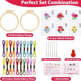ZOIIWA 6-Count Spring Flower Embroidery Kit – Complete DIY Cross Stitch Sewing Set with Hoops, Thread, and Patterns for Beginners & Kids