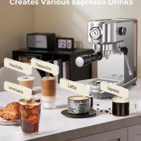 20 Bar Espresso Machine with Milk Frother – Stainless Steel Coffee Maker with 44oz Water Tank, Professional Steam Wand, Compact Home Espresso Maker for Lattes, Cappuccinos & Mocha