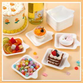 Remerry 300-Pack Small Square Bagasse Plates – 4x5 Inch Eco-Friendly Heavy-Duty Disposable Dessert & Snack Plates for Parties, Weddings, and Pet Feeding