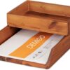 Demigo Acacia Wood Desk Organizer – 2-Tier Stackable Letter Tray Set with Accessory Holder for Home Office Storage