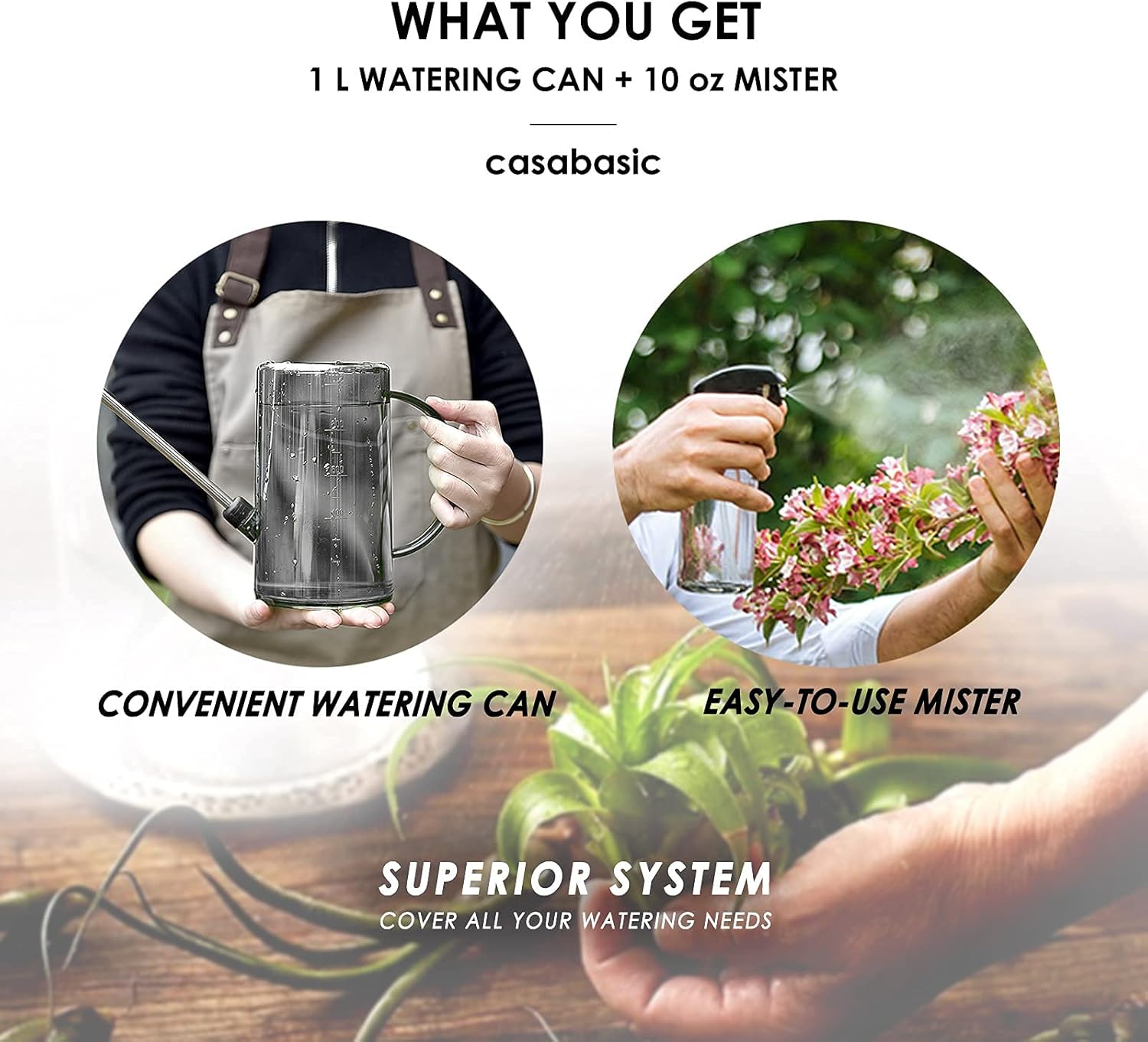 1 Liter Indoor Watering Can with Long Spout & Bonus Mister Bottle for House Plants, Succulents, and Bonsai