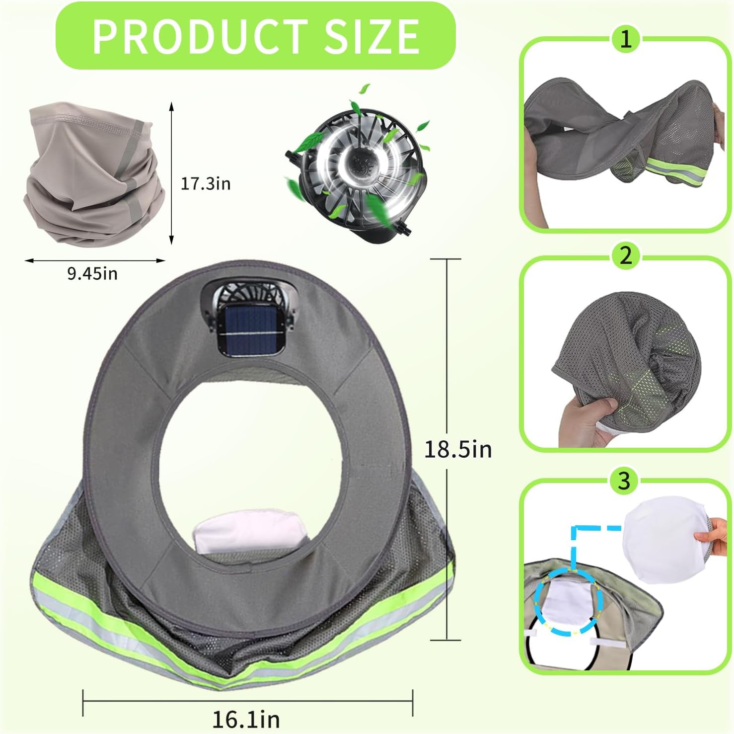 Solar Powered Hard Hat Fan with Sun Shade and Face Shield - Breathable Mesh Cooling Visor with Neck Protection for Construction, Fishing & Landscaping