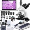 Trinocular Compound Microscope with HD Camera 40X-5000X - Laboratory Grade Microscope Kit for Adults, Students, and Professionals with Dual Mechanical Stage, LED Illumination & 50+ Accessories