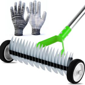15-Inch Rolling Lawn Dethatcher with Wheels – Heavy-Duty Adjustable Thatch Rake for Moss & Dead Grass Removal, Extendable Handle up to 63-Inch