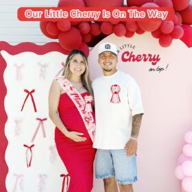 Cherry on Top Baby Shower Sash & Corsage Set – Mommy to Be Sash with Dad to Be Boutonniere – Pink Gingham Party Accessories & Decorations