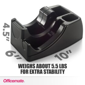 Officemate Heavy Duty 2-in-1 Recycled Tape Dispenser – Non-Slip Weighted Base for 1" & 3" Cores with Pen Storage, Black