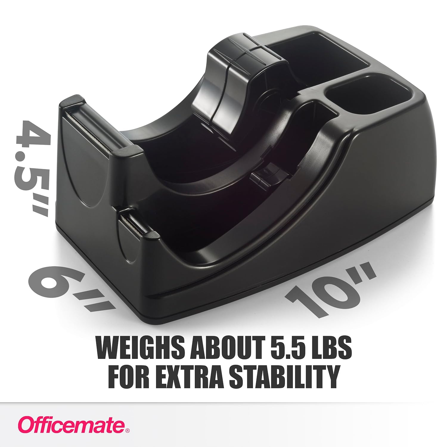 Officemate Heavy Duty 2-in-1 Recycled Tape Dispenser – Non-Slip Weighted Base for 1" & 3" Cores with Pen Storage, Black
