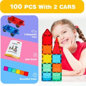 Gemmicc 100-Piece Magnetic Tiles Set – STEM Educational Building Blocks with 2 Cars, Safe ABS Plastic, Magnet Stacking Toys for Kids & Toddlers
