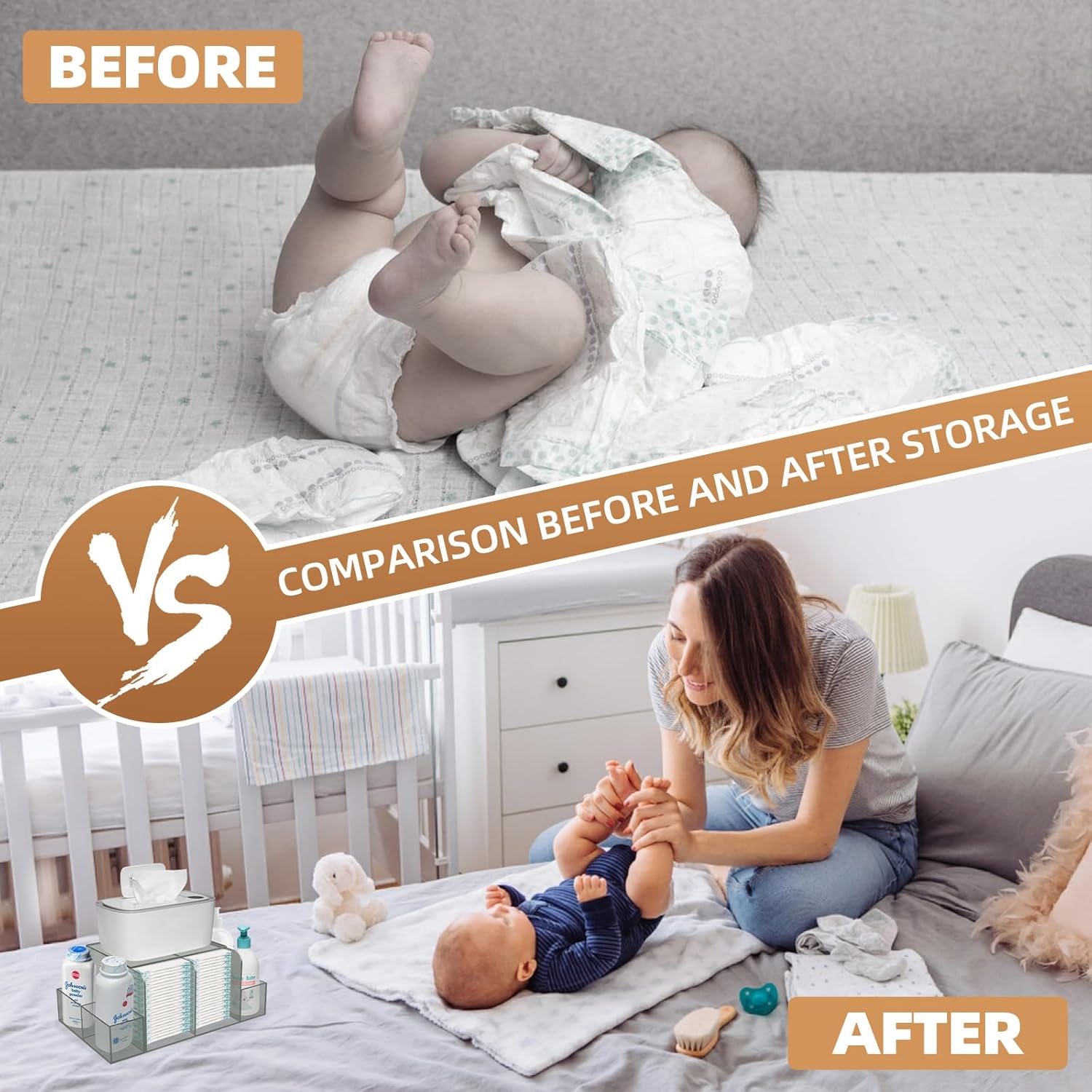 Premium Clear Acrylic Diaper Caddy – Detachable Baby Changing Table Organizer with Wipe Dispenser & Warmer Compartment – Modern Nursery Storage & Décor