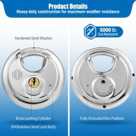 HOX Stainless Steel Disc Padlocks (6-Pack) - Keyed Alike, Waterproof & Corrosion Resistant, Heavy Duty Security for Storage, Gates & Fences (2-3/4" Body, 3/8" Shackle)