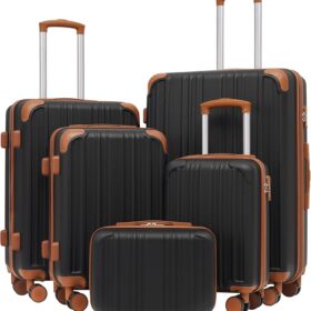 Coolife 5-Piece Luggage Set – Lightweight ABS Hardshell Suitcase with TSA Lock & Spinner Wheels (Apricot Black)