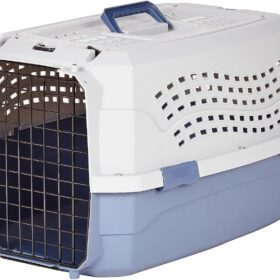 Amazon Basics Hard-Sided Pet Travel Carrier – Top-Load 2-Door Kennel for Dogs & Cats, Gray & Blue, 22.8" L