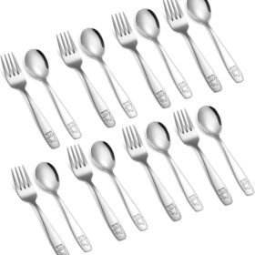 16-Piece Toddler Utensils Set – Stainless Steel Kids Flatware with Bear Engraving – Dishwasher Safe Spoons and Forks for Boys & Girls