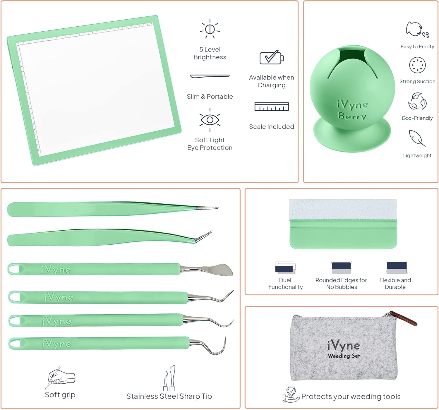 iVyne Complete Vinyl Weeding Tool Kit with Rechargeable A4 Light Pad, Scrap Collector & 8-Piece Craft Essentials for Cricut, Silhouette & Drawing Projects