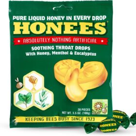 HONEES Honey Menthol Cough Drops - 20 Count Bag of Soothing Honey-Filled Lozenges for Sore Throat Relief