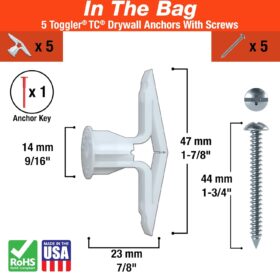 TOGGLER Toggle TC Commercial Grade Drywall Anchors with Screws (5 Pack) | Made in USA | High Strength 5/8-Inch to 3/4-Inch Grip Range for #6 to #14 Fasteners