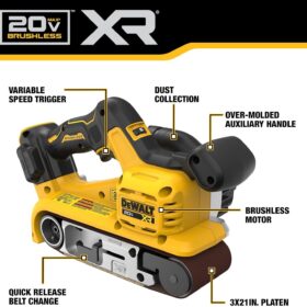 DEWALT 20V MAX XR Brushless Cordless Belt Sander, 3 x 21-Inch, Variable Speed, AirLock Dust Collection (Tool Only)