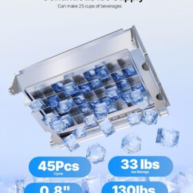VEVOR Commercial Ice Maker Machine - 130 Lbs/24H Production, 33 Lbs Storage Bin, Stainless Steel Freestanding & Undercounter Ice Machine with Self-Cleaning, LED Display for Home Bar & Restaurant