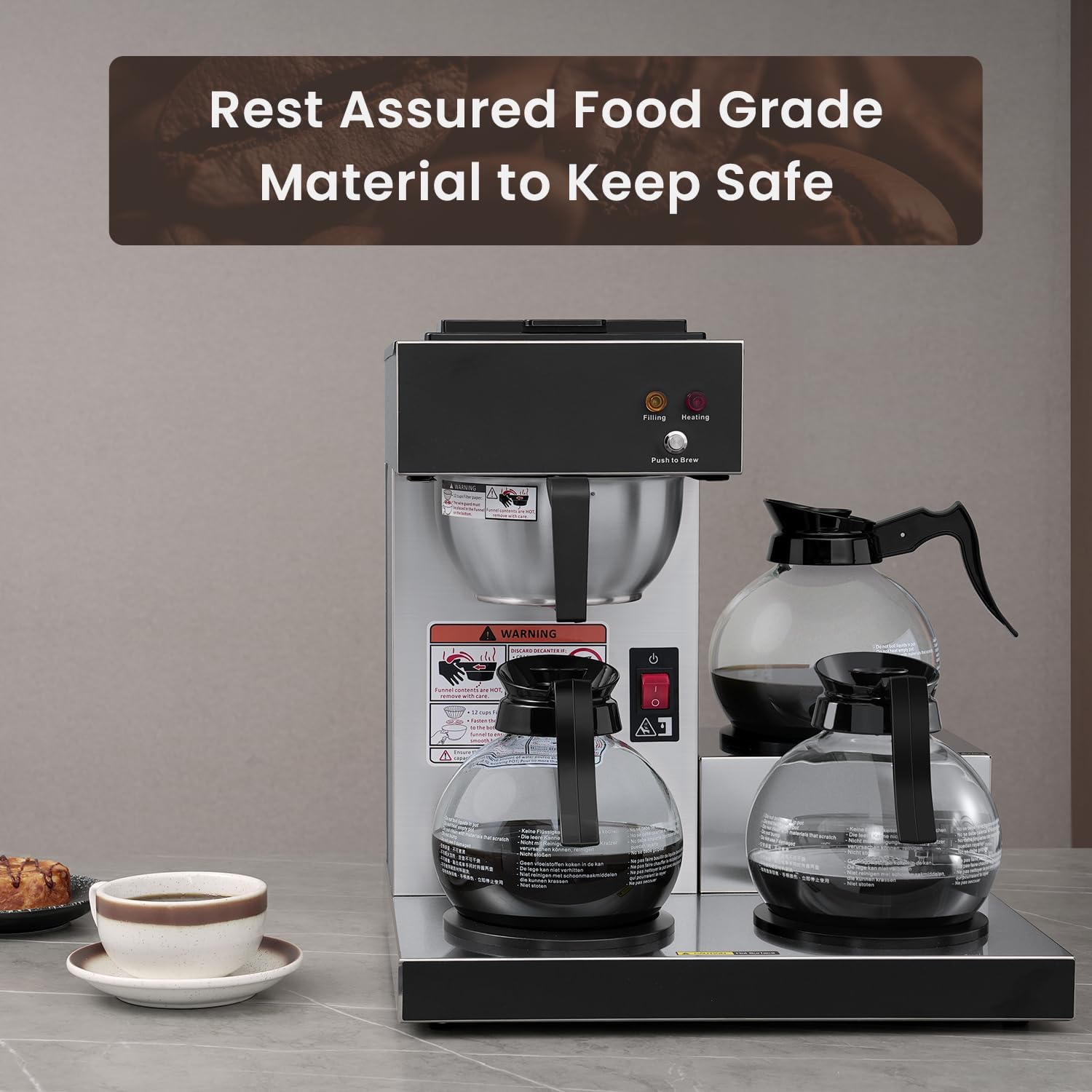 SYBO 12-Cup Commercial Pour Over Coffee Maker with 3 Warmers and 3 Decanters - Stainless Steel Drip Brewer
