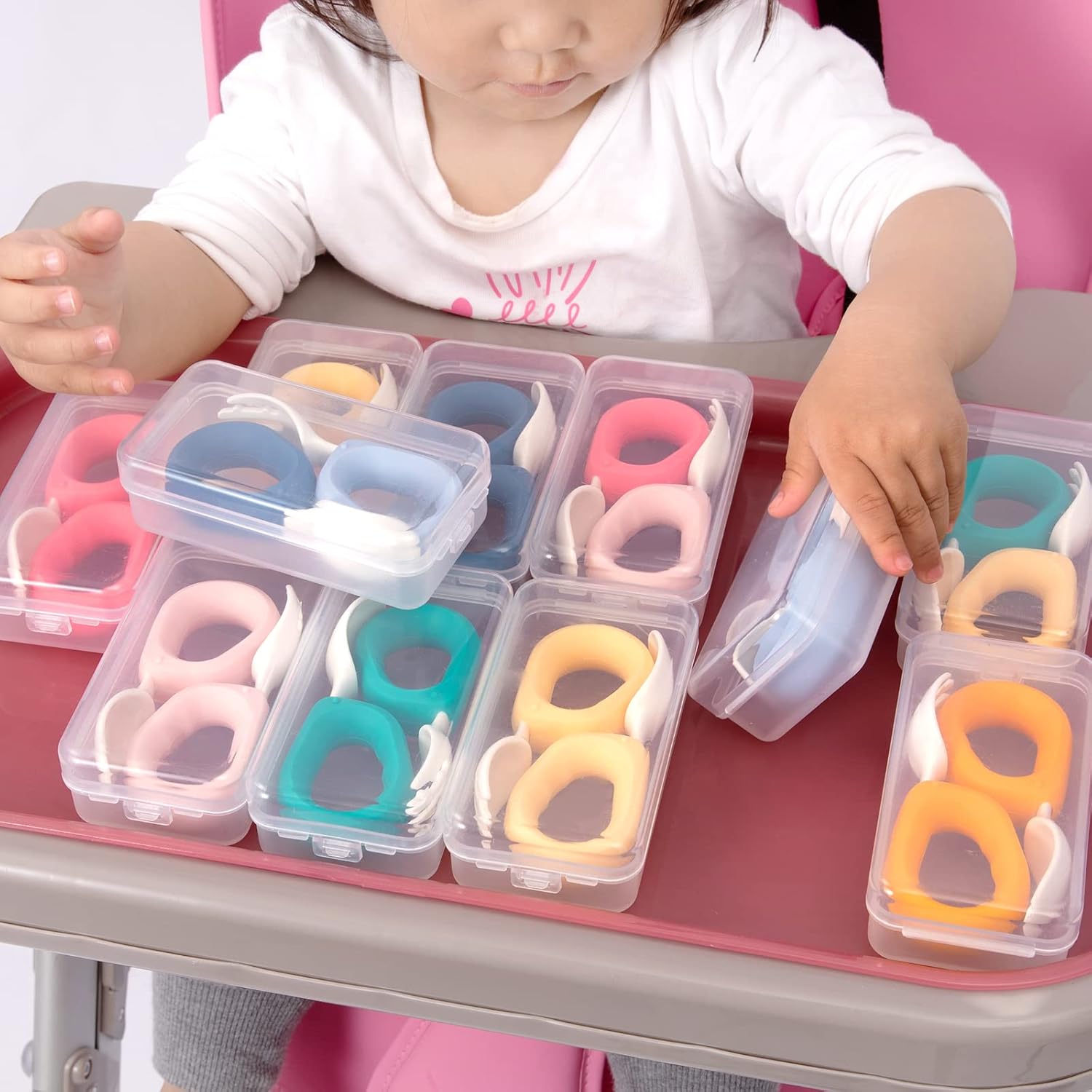 HIWOOD Baby Self-Feeding Utensils - BPA-Free Silicone Spoon & Fork Set with Ergonomic Circle Handles & Travel Case for Toddlers (Blue & Light Blue)