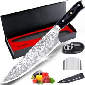 MOSFiATA 8 Inch Pro Chef Knife - German High Carbon Stainless Steel Kitchen Knife with Razor Sharp Edge, Full Tang Micarta Handle, Finger Guard, Sharpener & Premium Gift Box