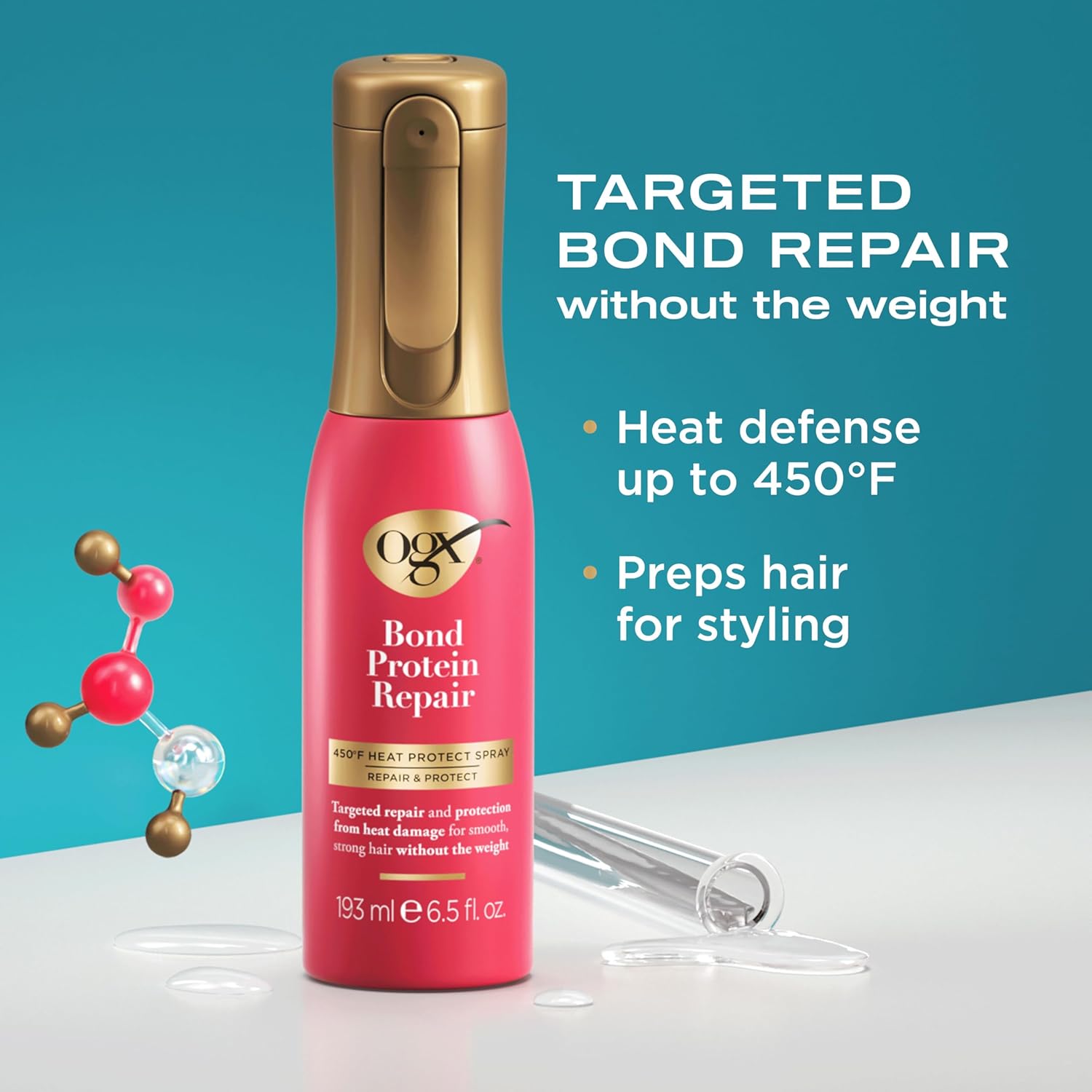 OGX Bond Protein Repair 450°F Heat Protectant Spray - 6.5 fl oz Weightless Thermal Protection Mist for All Hair Types, Reduces Breakage & Strengthens