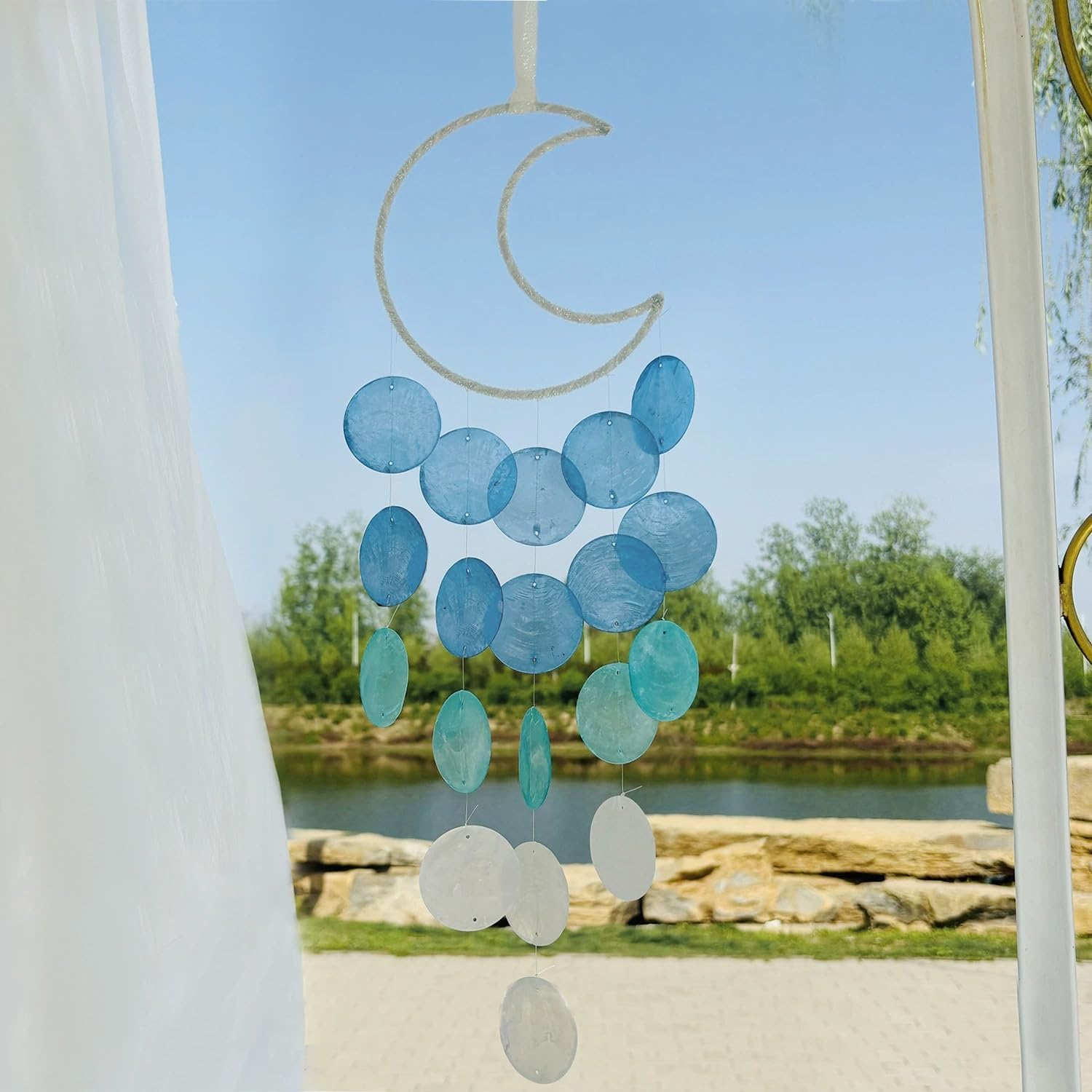 Handcrafted Capiz Shell Wind Chimes - 22 Inch Coastal Outdoor & Indoor Decor, Beach Style Blue Moon Shells, Perfect for Garden, Patio, and Home