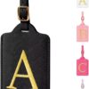 Personalized Embroidered Leather Luggage Tags for Suitcases – Monogrammed Initial Travel Bag Accessories with Privacy Cover (Black-A)
