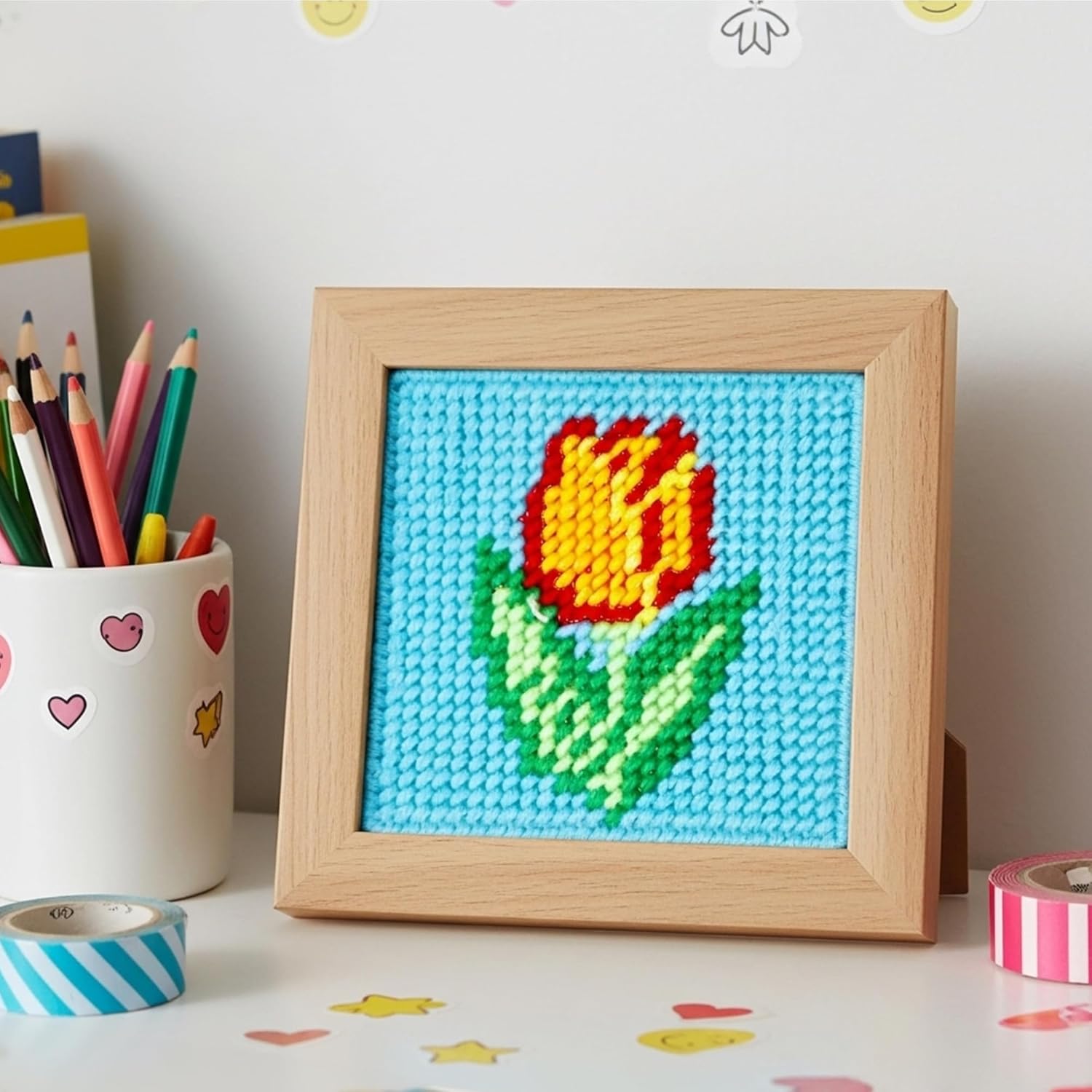 Pllieay 10-in-1 Cross Stitch Kit for Beginners & Kids – Complete DIY Plastic Needlepoint Set with 10 Patterns, Yarn & Safe Needles