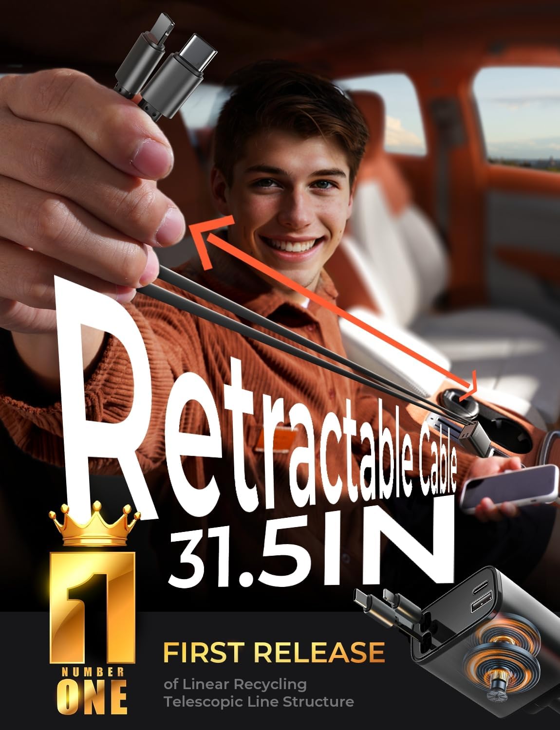 LISEN 69W 4-in-1 Retractable Car Charger with Built-in Cables - USB C Fast Charging Adapter for iPhone 17, 16, 15 & Samsung - Compact 180° Rotating Auto Accessories