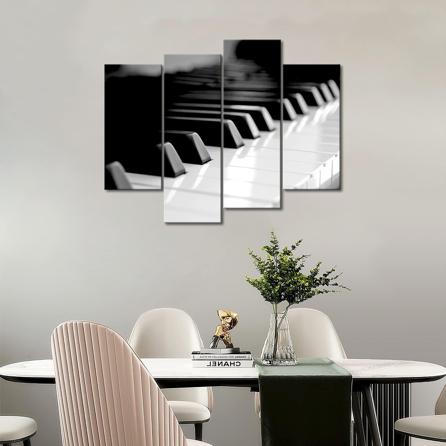 Melody in Monochrome: Black & White Piano Keyboard Canvas Wall Art - 4 Panel Modern Home Decor