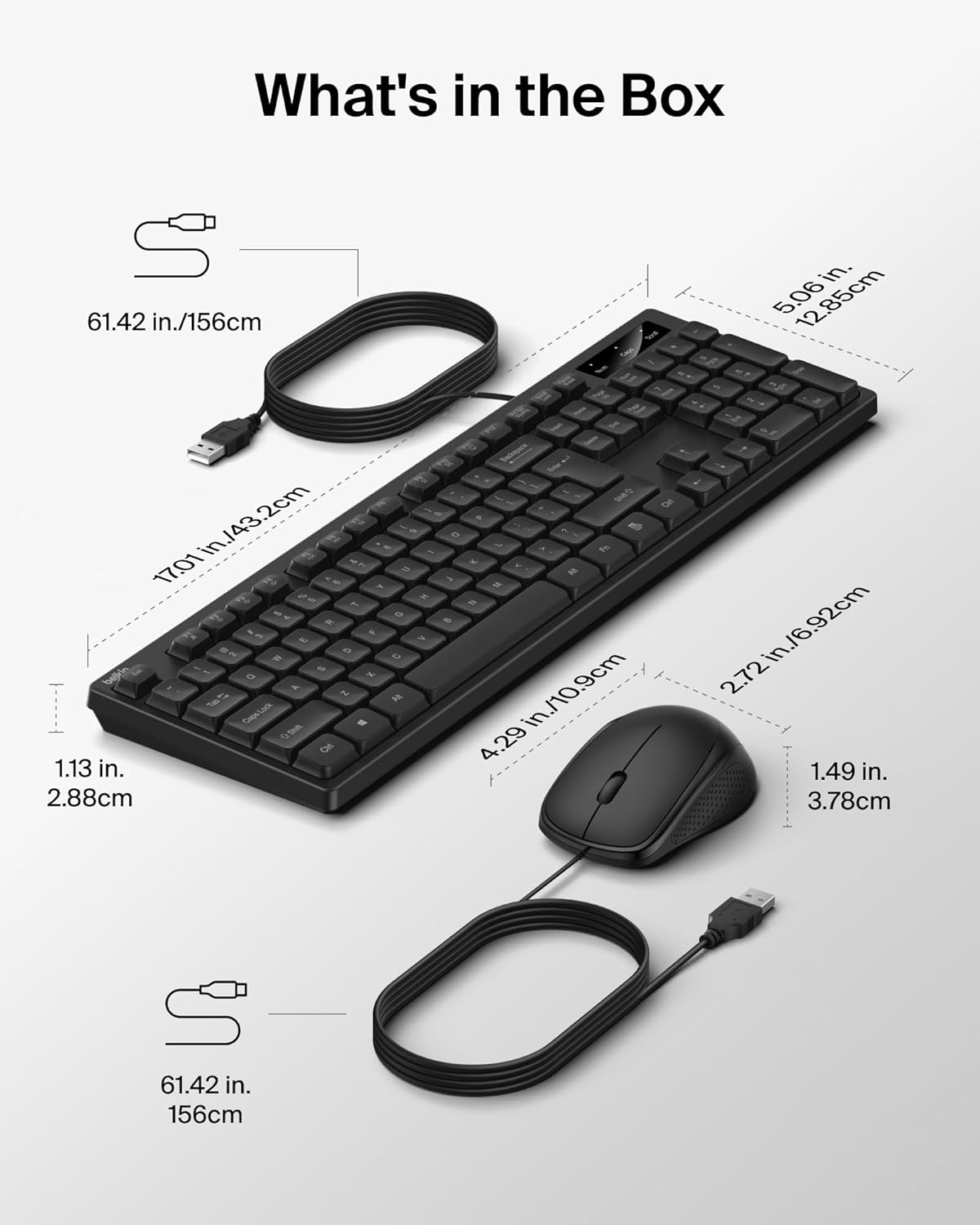 Belkin Connect Wired Keyboard and Mouse Combo – Full-Size USB-A Set with Spill-Resistant Design, Ergonomic Mouse, and Multimedia Keys for Windows PC/Laptop – Black