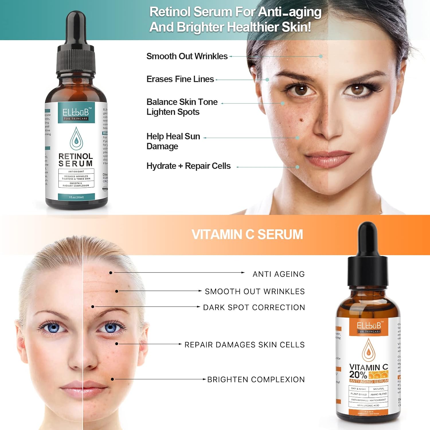 ELBBUB Vitamin C Retinol Serum for Face - Anti-Aging Treatment with Hyaluronic Acid & Amino Acids - Day & Night Brightening, Hydrating & Collagen Boosting Facial Serum