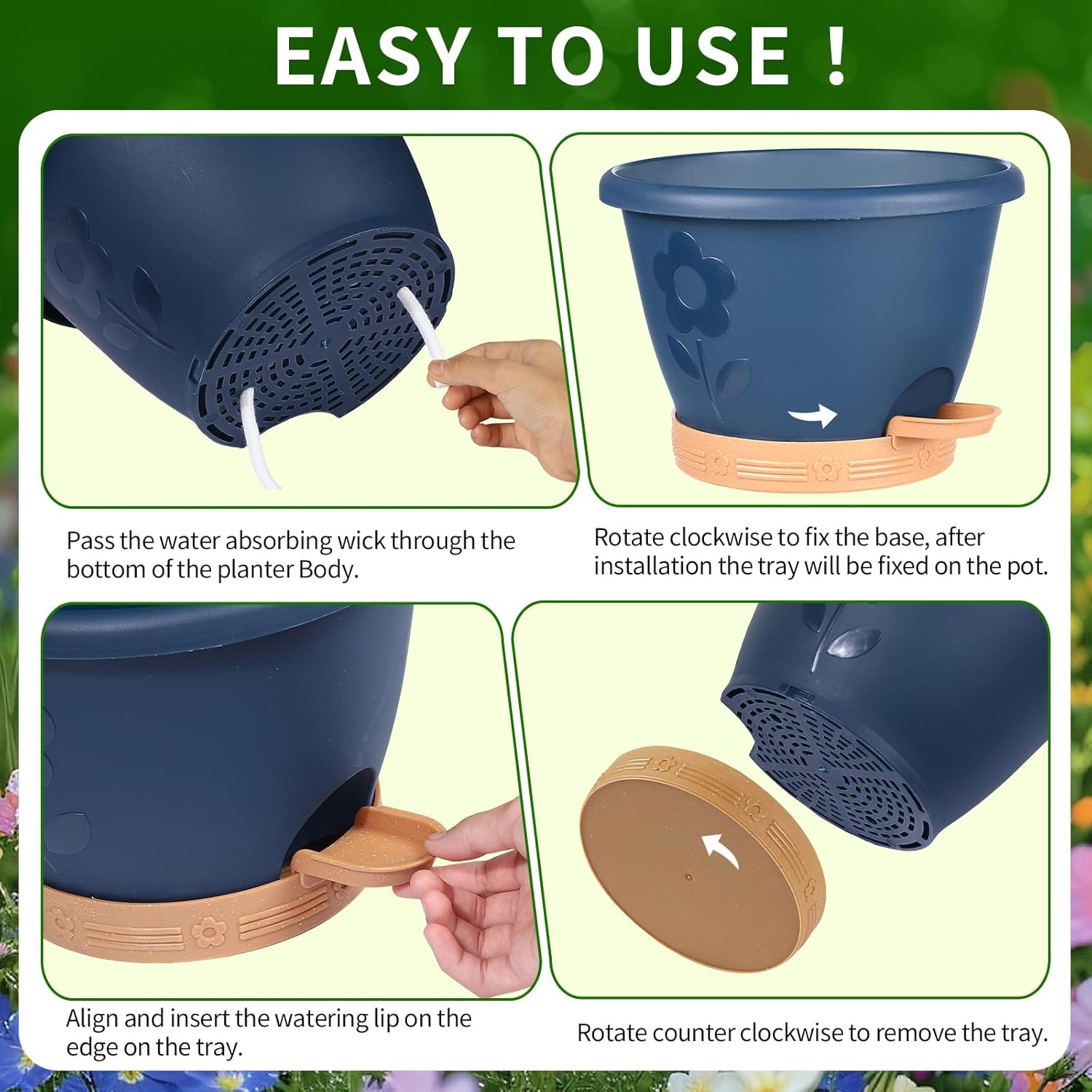 Set of 4 Self-Watering Plant Pots, 10 Inch Plastic Planters with Saucer & Drainage Holes, Indoor/Outdoor Flower Pots & Reservoir for All Plants (Modern Black)