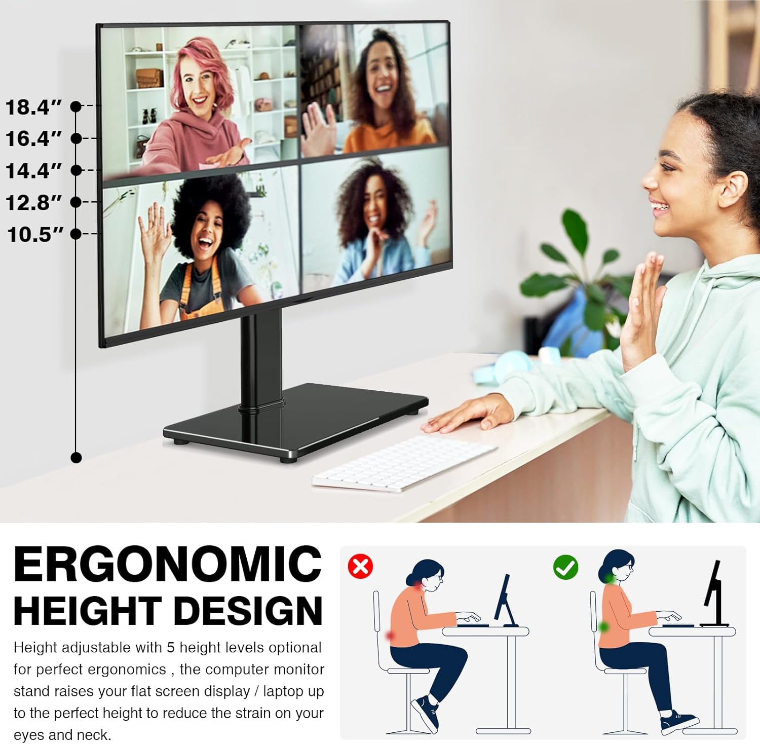 Ergonomic Single Monitor Stand Riser - VESA Mount Desk Stand for 13-32 Inch Screens, Height, Tilt & Swivel Adjustable, Universal Base up to 44lbs (75x75/100x100mm)