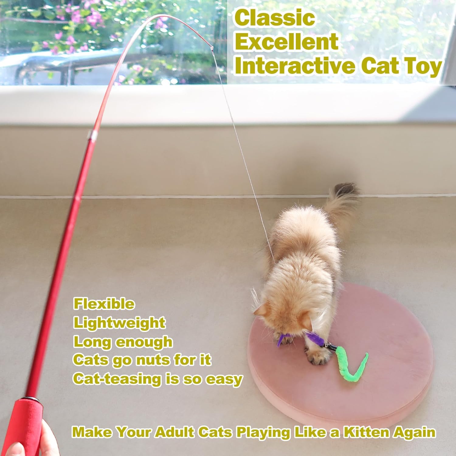 Cat Wand Toy Set for Indoor Cats - Retractable Interactive Teaser with 9 Feather Refills, Ideal for Kittens & Adult Cats