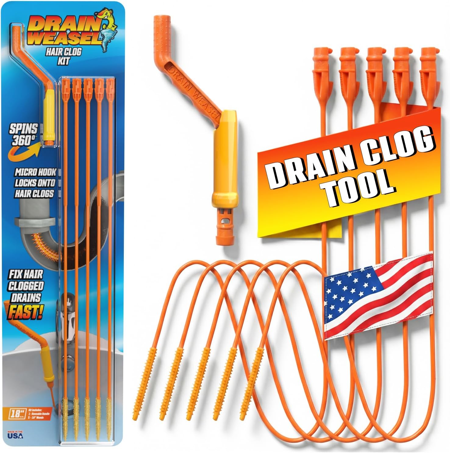 FlexiSnake Drain Weasel Hair Clog Remover – 18-Inch Sink & Bathtub Cleaner Tool with 5 Refill Wands & Quick-Connect Handle – Made in USA