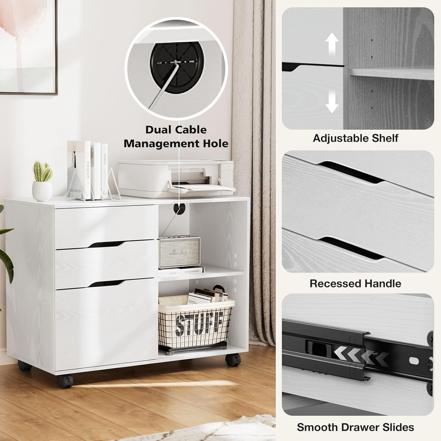 DUMOS Mobile Lateral File Cabinet with 3 Drawers – Rolling Wood Storage Organizer with Wheels, Adjustable Shelf, and Printer Stand – Versatile Office & Home Filing Solution (White)