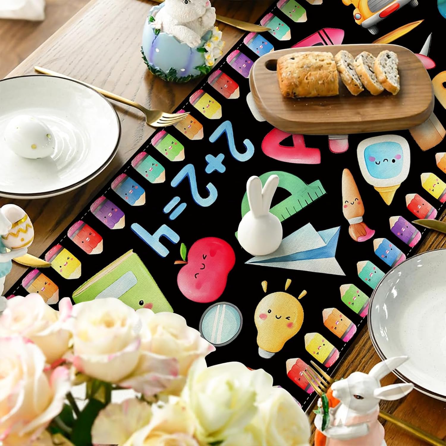 Back to School Table Runner - First Day of School Decorations, Reusable Linen Tablecloth with School Bus & Apple Design for Classroom, Home & Parties (13 x 72 Inches)
