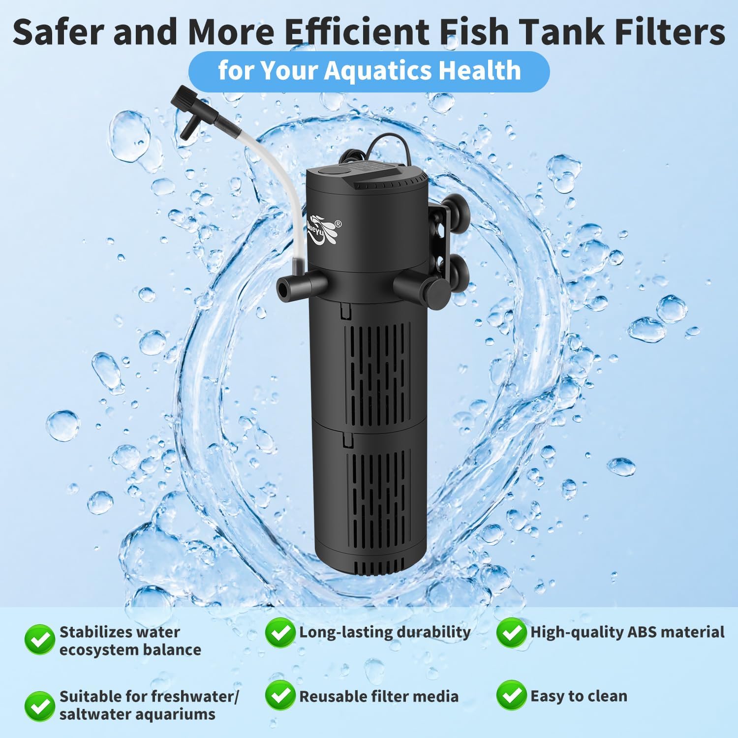 4-in-1 Submersible Aquarium Filter for 30-80 Gallon Tanks | 200 GPH Internal Power Filter with Wave Maker, Oxygenation & Dual-Layer Filtration for Freshwater, Saltwater & Turtle Tanks (Ultra-Quiet 12W)