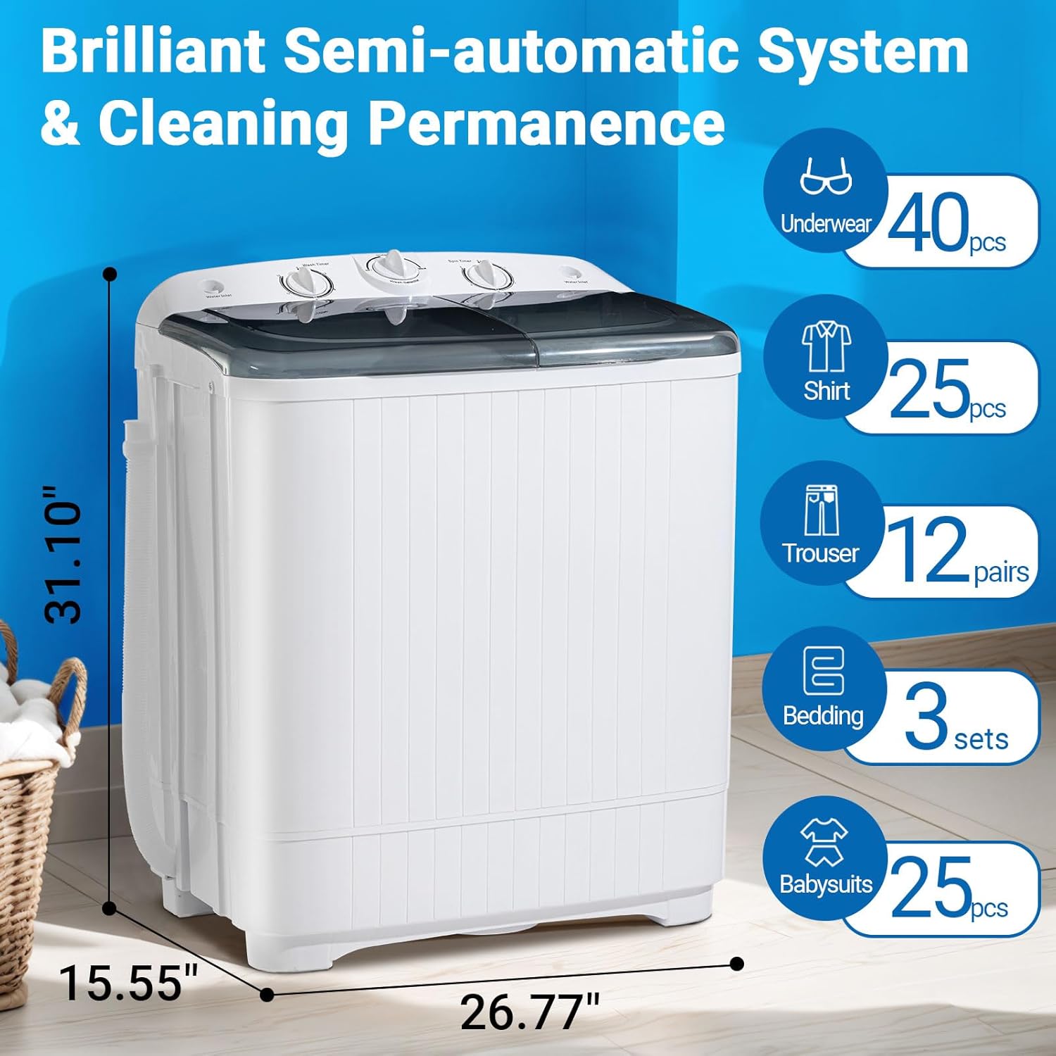 Compact Twin Tub Washing Machine, 32 lbs Total Capacity (20 lbs Washer / 12 lbs Spinner) with Drying Rack & 10 Hangers - Portable Laundry Washer for Apartments, Dorms & RVs