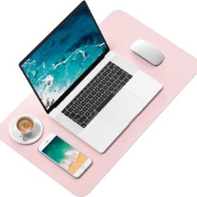 Hsurbtra Pink PU Leather Desk Pad – 23.6 x 13.8 Inch Waterproof Extended Mouse Mat & Keyboard Protector – Non-Slip Office Desktop Blotter
